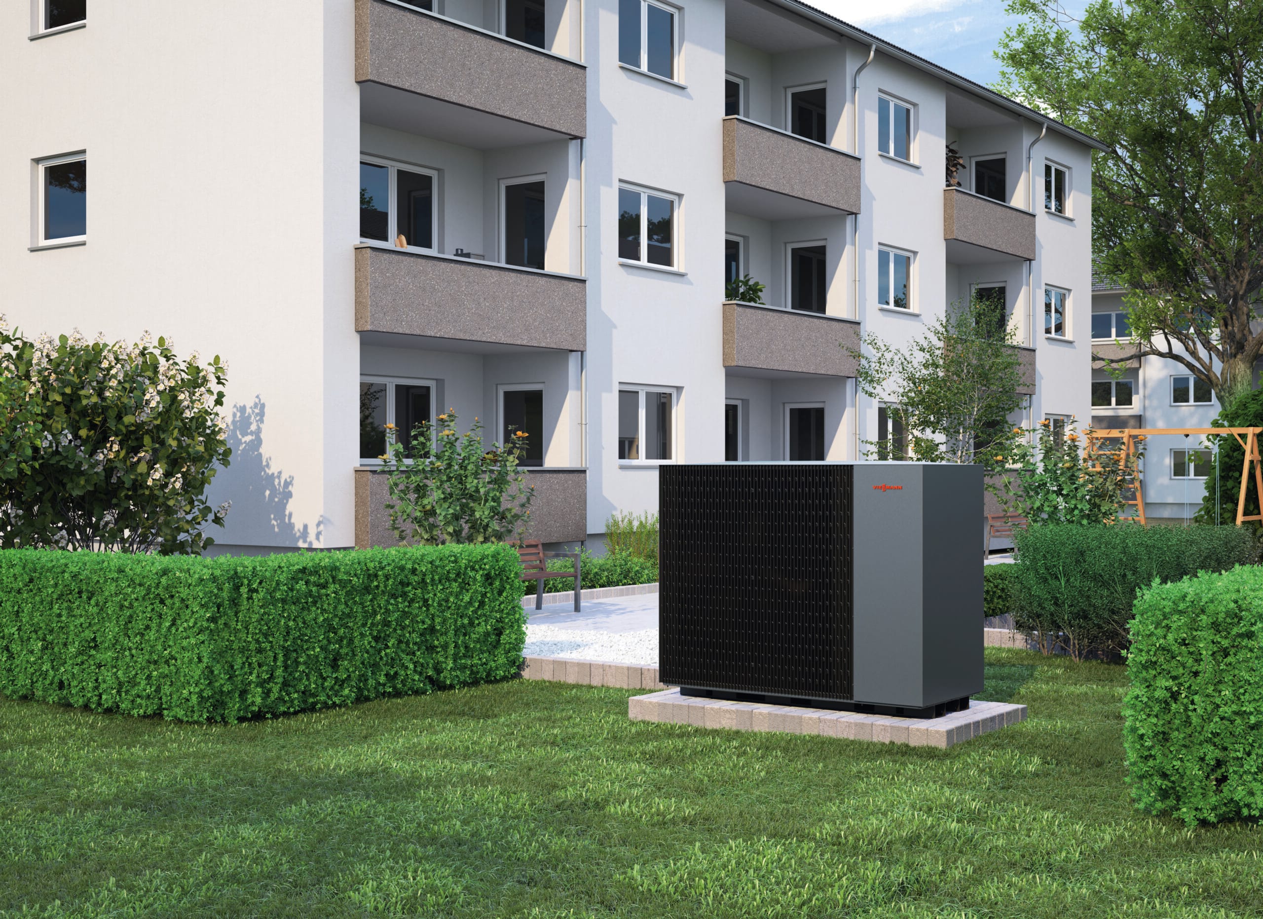 modernes Haus mit Wärmepumpe im Freien